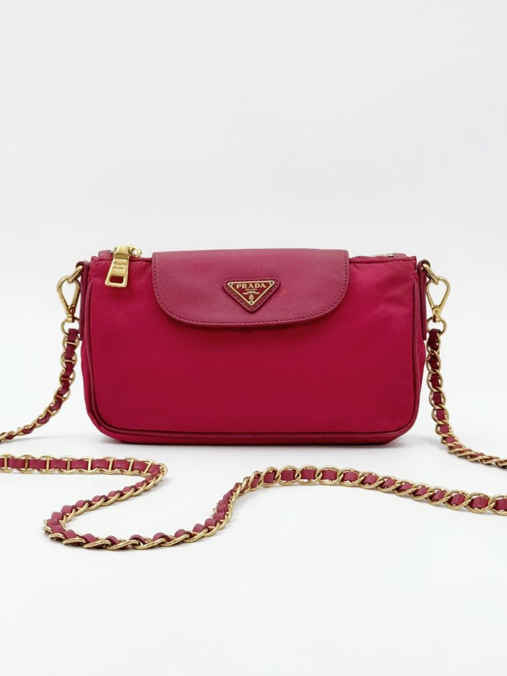 PRADA Tessuto Nylon Saffiano Leather Chain Crossbody Shoulder Bag Pink Italy